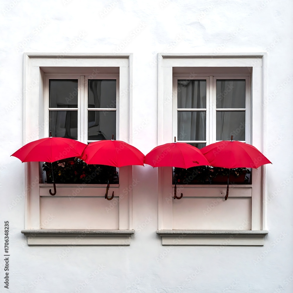 Fototapeta premium Two white windows with red umbrellas