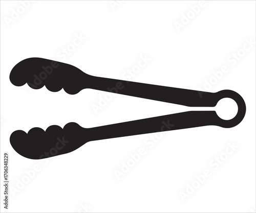 Black silhouette of kitchen tongs vector illustration, symbolizing cooking utensil, barbecue tool, food serving, grilling, catering, culinary accessory, household equipment, restaurant service, and ki