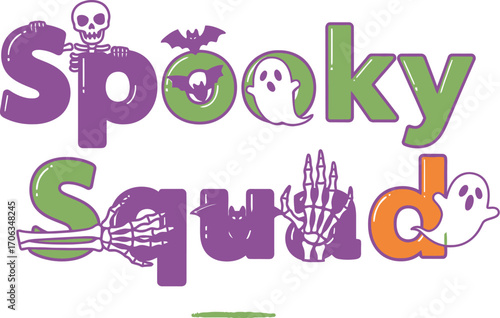 Spooky squad text design with skeleton bats and ghosts for halloween theme