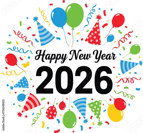 Vector art of happy new year 2026 celebration with balloons, confetti, and party hats