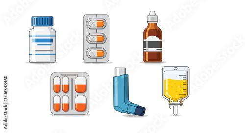 Essential medical supplies including pills capsules inhaler and IV bag for healthcare and wellness concepts, Generative AI.