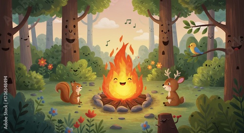Forest animals enjoying campfire