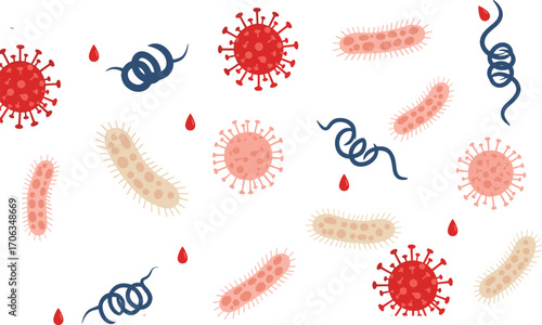 Colorful virus and bacteria cells, microbiology microorganisms illustration, infectious disease germs, medical science vector design clipart