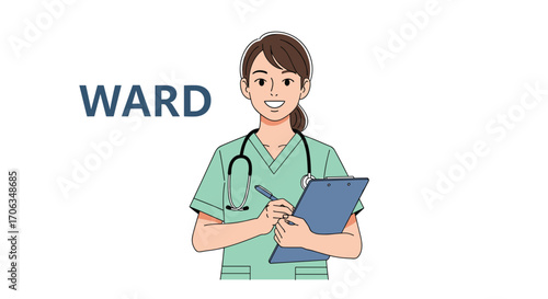 Smiling nurse with stethoscope and clipboard ready to assist patients in a hospital ward setting, Generative AI.
