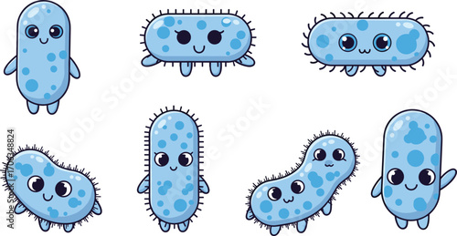 hCute cartoon blue bacteria characters, adorable microorganism mascots, kawaii germ illustration, funny microbiology clipart design