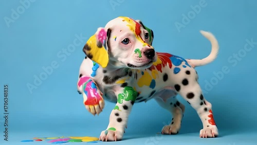 Spotted Juvenile Dog Appearing as if Covered in Paint Stains on Solid Colored Backdrop