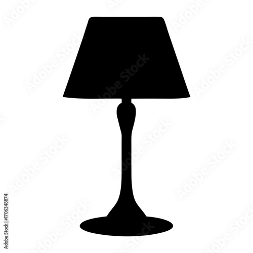 Silhouette of a table lamp with a trapezoidal shade and curved stand