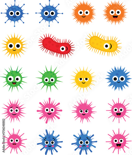 Cute colorful cartoon virus and bacteria characters set, smiling microbes with different emotions and expressions.