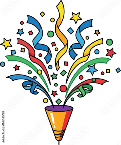 Vector art of party popper with confetti and streamers