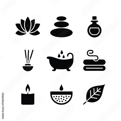 Collection of black spa and wellness icons including lotus flower hot stones essential oil diffuser bathtub
