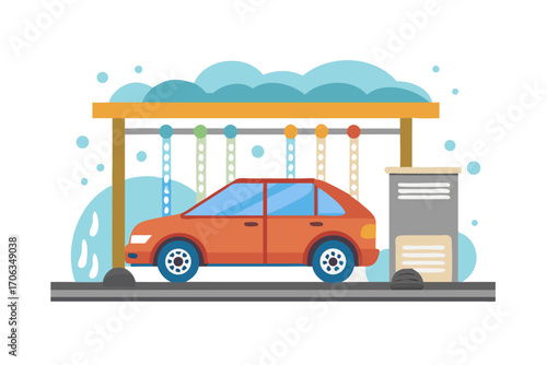 Orange car undergoing a wash at an automated car wash station with soap bubbles and water jets, highlighting vehicle cleaning and maintenance services