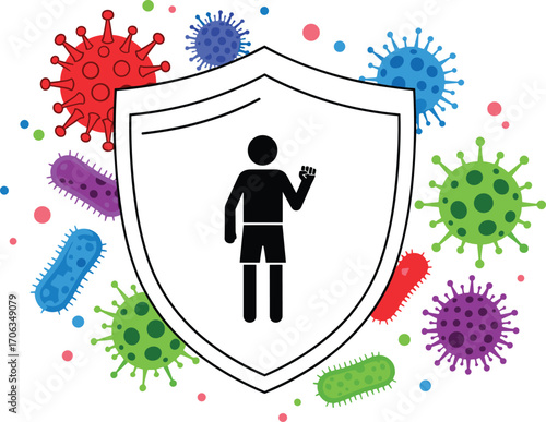 Human immunity protection concept, shield symbol against viruses and bacteria, health defense, infection prevention.