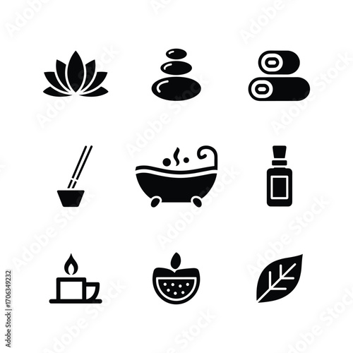 Set of nine black silhouette icons representing spa wellness and relaxation elements on white