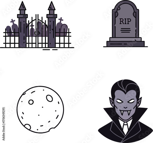 Halloween icons featuring a graveyard tombstone moon and vampire character
