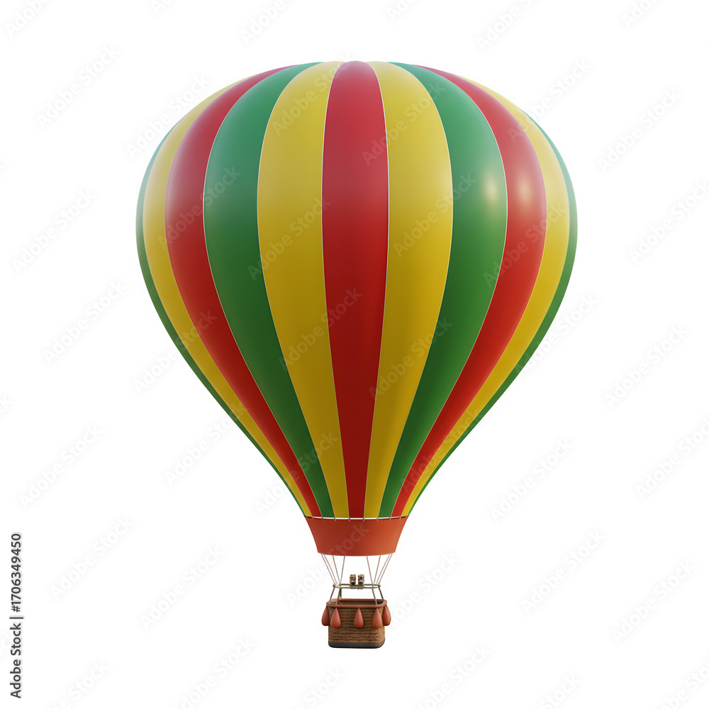Naklejka premium Colorful hot air balloon with red yellow green and blue stripes isolated on white or transparent background. PNG, symbolizing adventure freedom and travel with cheerful uplifting mood