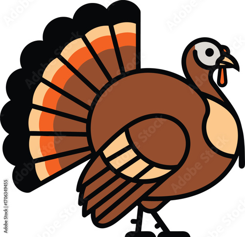 Vector art of cartoon turkey with fanned tail feathers