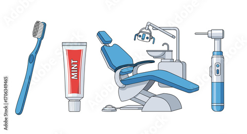 Professional dental care essentials including a modern dentist chair toothbrush toothpaste and drill for healthy smiles, Generative AI.