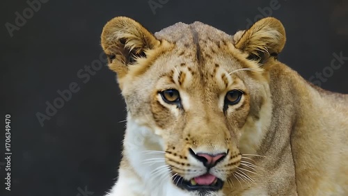 Close Up Portrait of Majestic African Lioness on Solid Black Background