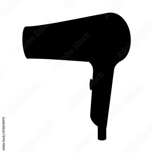 A minimalist black silhouette illustration of a hair dryer on white background