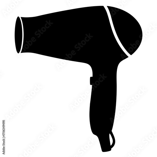 Simple black and white silhouette of a handheld hair dryer appliance
