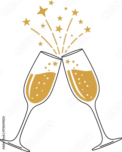 Vector art of two champagne glasses toasting with golden stars