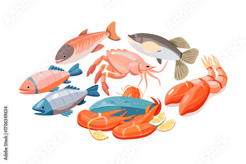 Variety of raw seafood including fish, crab, and shrimp, arranged with lemon slices