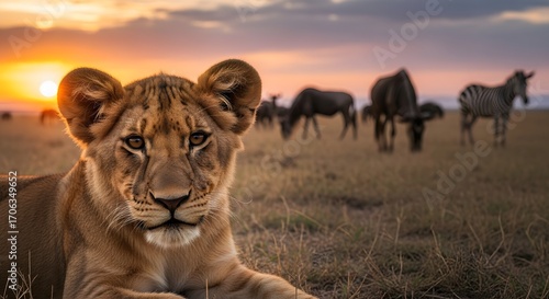 Wallpaper Mural Young Lion Cub Gazing Ahead at African Savannah Sunset with Wildebeest and Zebras in Background Torontodigital.ca