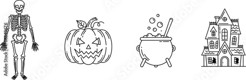 Halloween icons featuring a skeleton pumpkin cauldron and spooky haunted house