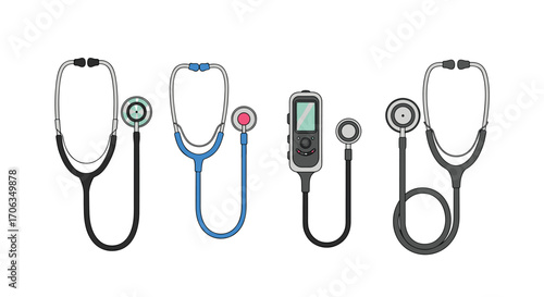 Collection of diverse stethoscopes and medical diagnostic tools essential for healthcare professionals and modern clinics, Generative AI.