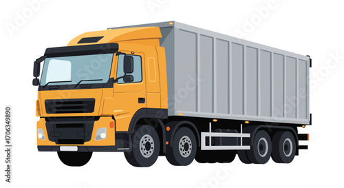a large yellow truck with silver cargo container