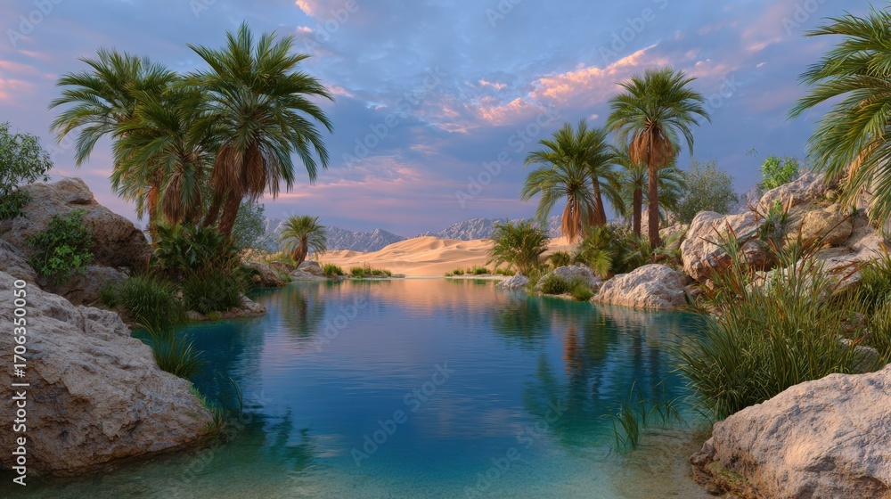 Obraz premium Serene Desert Oasis with Palm Trees and Calm Water at Sunset