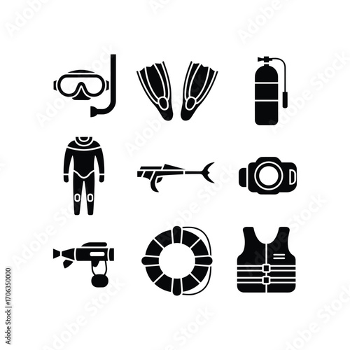 Collection of scuba diving equipment icons for underwater exploration and water sports activities