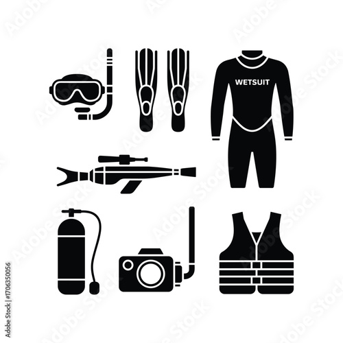 Complete scuba diving equipment set silhouette icons for underwater exploration adventure