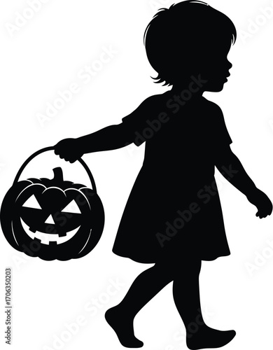 Silhouette of a child carrying a pumpkin bucket for trick or treating fun