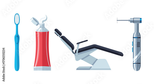 Professional dental care essentials a toothbrush toothpaste dental chair and drill for oral hygiene and health practices, Generative AI.