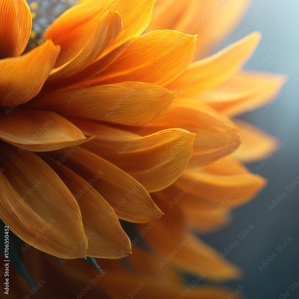 Obraz premium Radiant close-up of a sunflower showcasing vibrant orange petals and soft gradient background