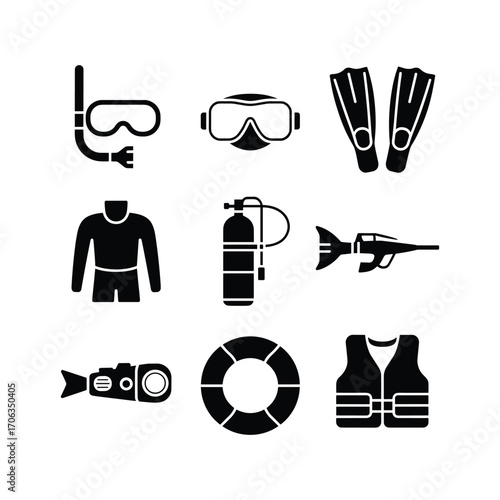 Collection of scuba diving equipment icons including mask snorkel fins wetsuit oxygen tank speargun camera life jacket
