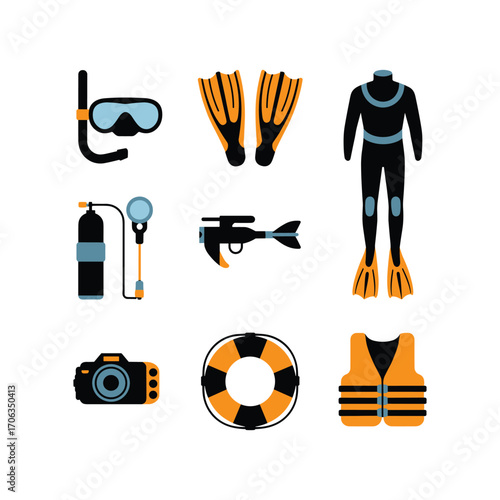 Collection of scuba diving equipment and safety gear for underwater exploration adventures