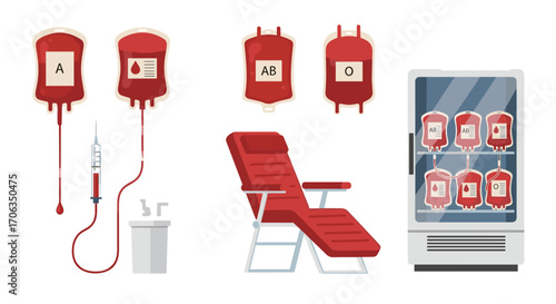 Modern flat design illustrating blood donation essentials including bags chair and refrigerator for medical campaigns, Generative AI.