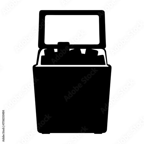 An isolated vector graphic depicting a retro chest cooler box with open lid