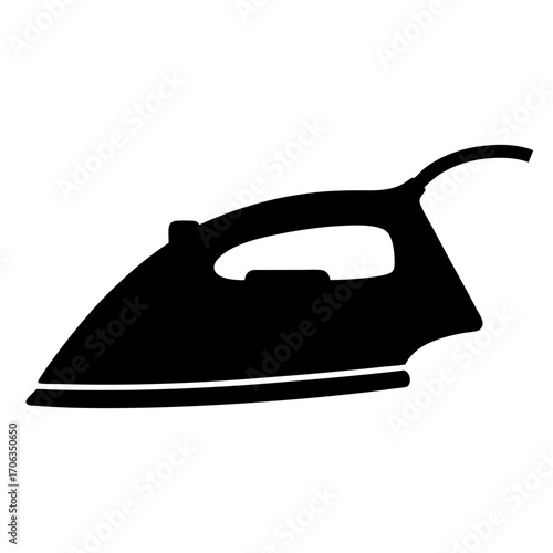 Stylized black and white silhouette of a classic household iron object