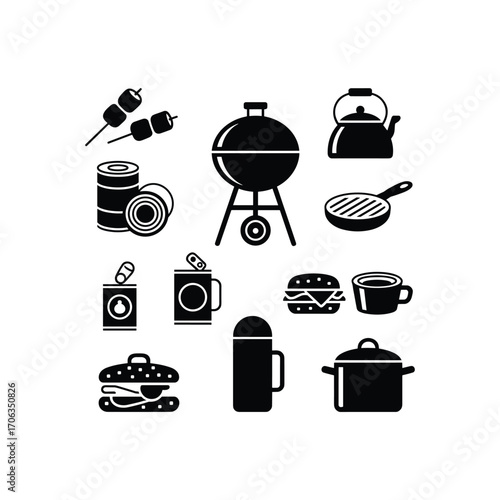 Collection of bbq and outdoor cooking icons for summer picnics and grilling events representing food and equipment