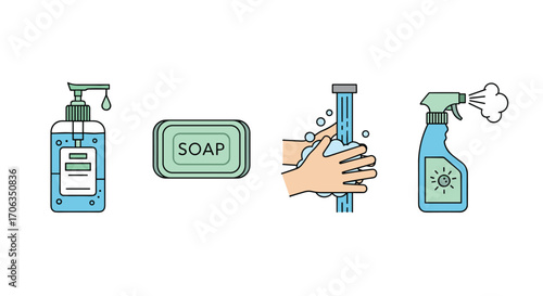 Essential hygiene icons showing hand sanitizer bar soap washing hands with foam and disinfectant spray for germ prevention and clean living, Generative AI.