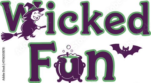 Wicked fun halloween design with witch cauldron and bat for spooky celebrations