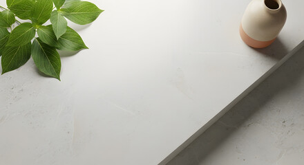 Light stone surface with right corner with ceramic vase, left corner with green leaves, clean center