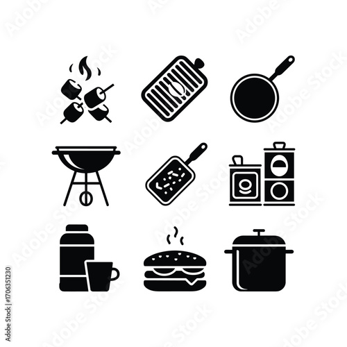 Collection of barbecue and grilling icons representing food preparation and cooking essentials