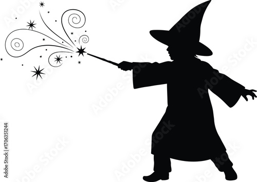 Silhouette of a young wizard casting a spell with a wand on a white background