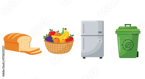 Fresh bread vibrant fruit basket modern refrigerator and green recycling bin symbolize healthy living and sustainability, Generative AI.