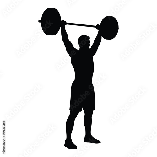 Silhouette of muscular man lifting heavy barbell overhead during intense workout silhouette