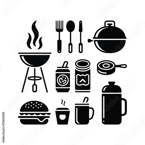 Barbecue grill utensils drinks burger thermos and cooking pot icons for outdoor food preparation
